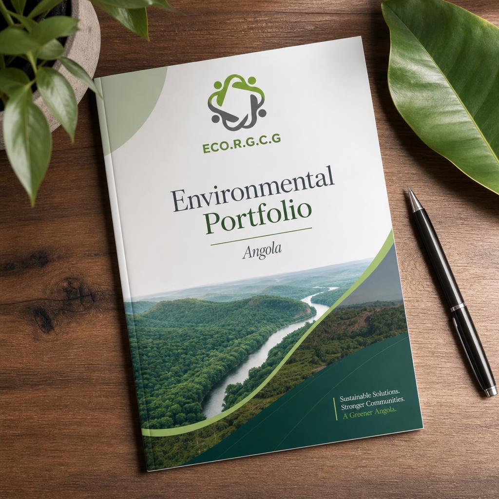 Portfólio ambiental institucional da ECO.R.G.C.G sobre uma mesa de madeira